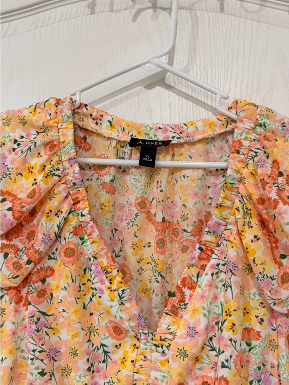NWT A. Byer Yellow & Pink Floral Ruffle Tie-Front Blouse - Picture 5 of 7